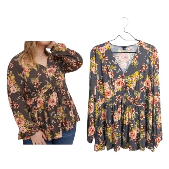 Torrid Floral Babydoll Top Blouse Gray Yellow V-Neck Long Sleeve Flowy Fall 3X - Picture 1 of 9